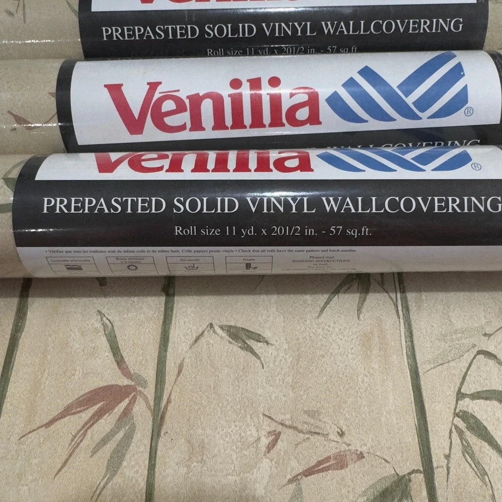 NOS MCM Vintage Venilia Bamboo Vinyl Wallpaper Prepasted Beige Green 4 Rolls